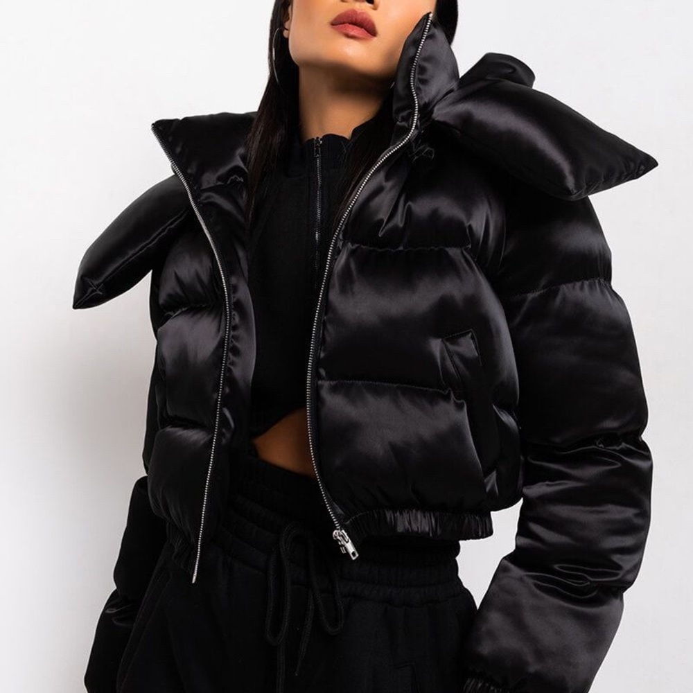 Akira Azalea Wang Black Metallic Satin Puffer Coat